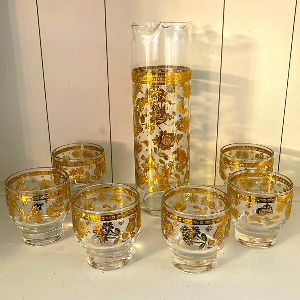 Culver Sallye 22K Gold MCM Cocktail Pitcher & 6 Glasses Barware Set
